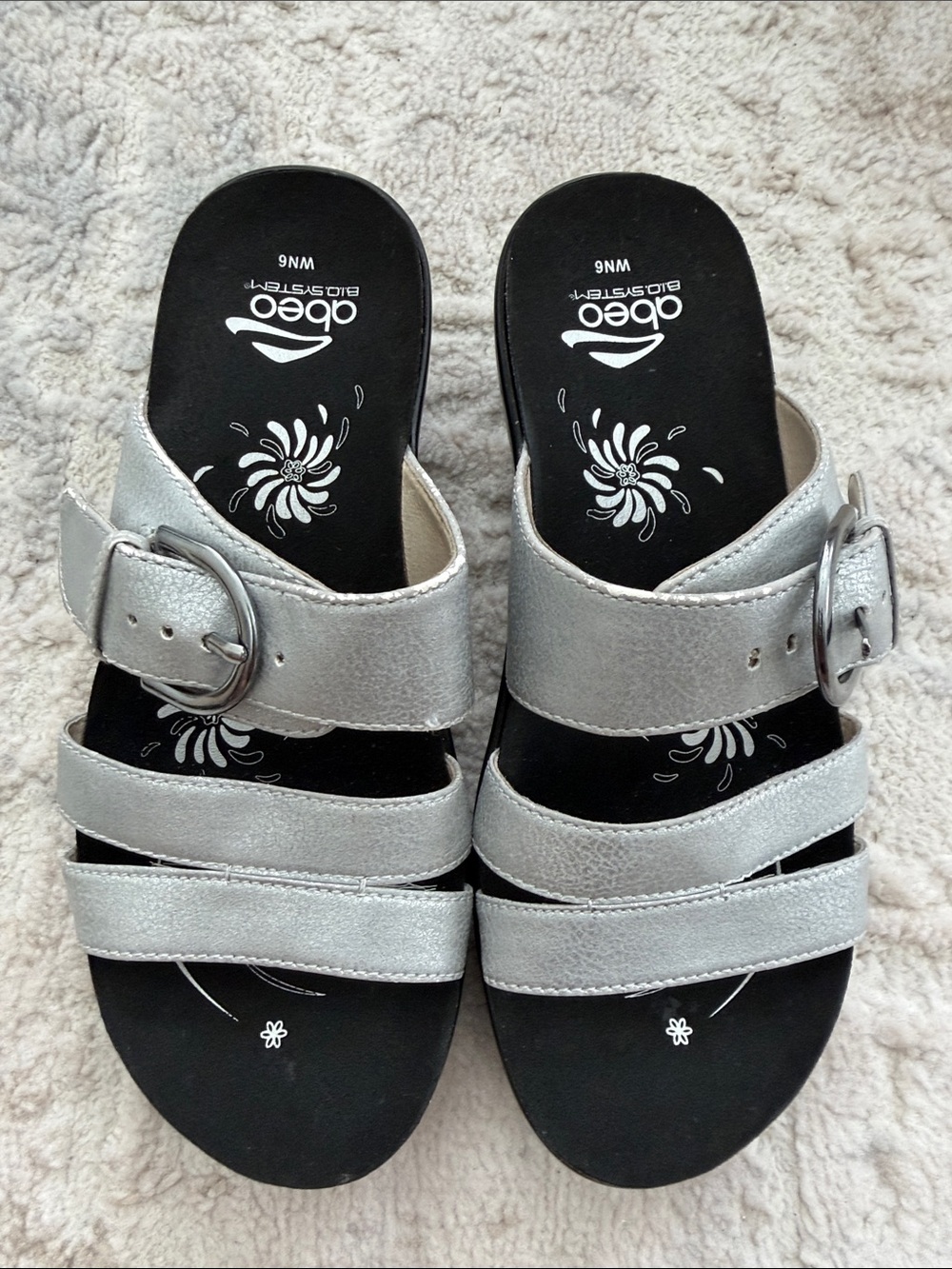 Abeo Silver Metallic Buckle Slide Sandals